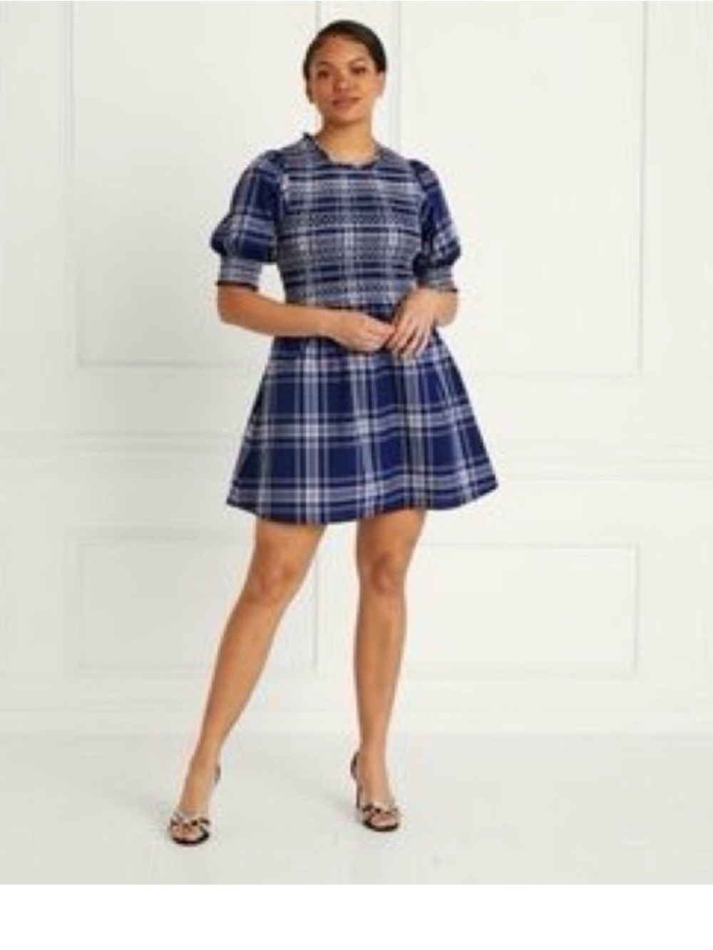Hill house Vivi Navy Plaid Puff-Sleeve Mini Nap Dress XXS